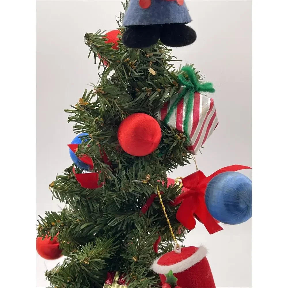 Vintage 19” Decorated Table Christmas Tree Wooden, Flocked & Folk Art Ornaments
